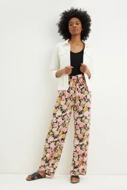 Dorothy Perkins Tall Black Floral Tie Waist Wide Leg Trousers