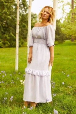 Dorothy Perkins Ruffle Shirred Waist Bardot Midi Dress -Clozurely Sales Store bqq05733 lilac xl 2