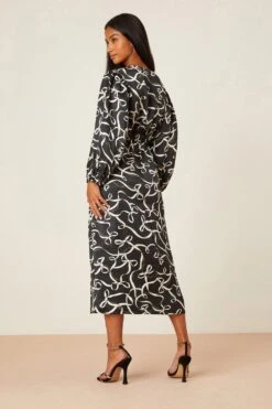 Dorothy Perkins Petite Bow Print Ruched Front Midi Dress -Clozurely Sales Store bqq07181 black xl 2