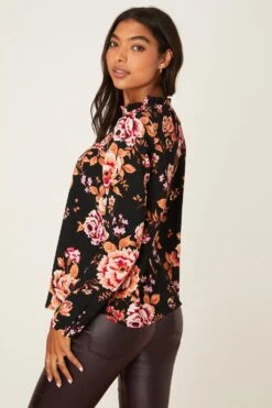 Dorothy Perkins Floral High Neck Puff Sleeve Top -Clozurely Sales Store bqq07196 black xl 2