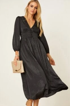 Dorothy Perkins Satin Jacquard Button Front Midi Dress -Clozurely Sales Store bqq07583 black xl 4