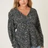 Dorothy Perkins Curve Blue Spot V Neck Long Sleeve Blouse