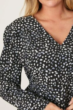 Dorothy Perkins Curve Blue Spot V Neck Long Sleeve Blouse -Clozurely Sales Store bqq07916 black xl 3