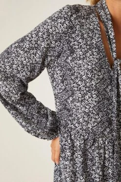 Dorothy Perkins Ditsy Tie Neck Smock Midi Dress -Clozurely Sales Store bqq07977 black xl 3