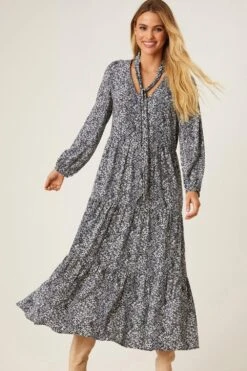 Dorothy Perkins Ditsy Tie Neck Smock Midi Dress -Clozurely Sales Store bqq07977 black xl 4