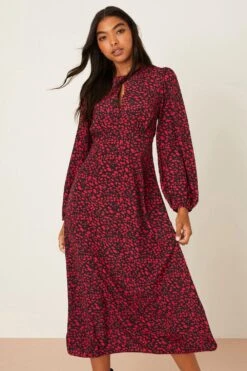 Dorothy Perkins Petite Red Print Keyhole Detail Midi Dress