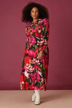 Dorothy Perkins Curve Blurred Floral High Neck Key Hole Detail Midi Dress