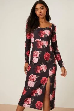 Dorothy Perkins Black Rose Print Scuba Sweetheart Midi Dress
