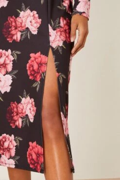 Dorothy Perkins Black Rose Print Scuba Sweetheart Midi Dress -Clozurely Sales Store bqq08083 berry xl 4