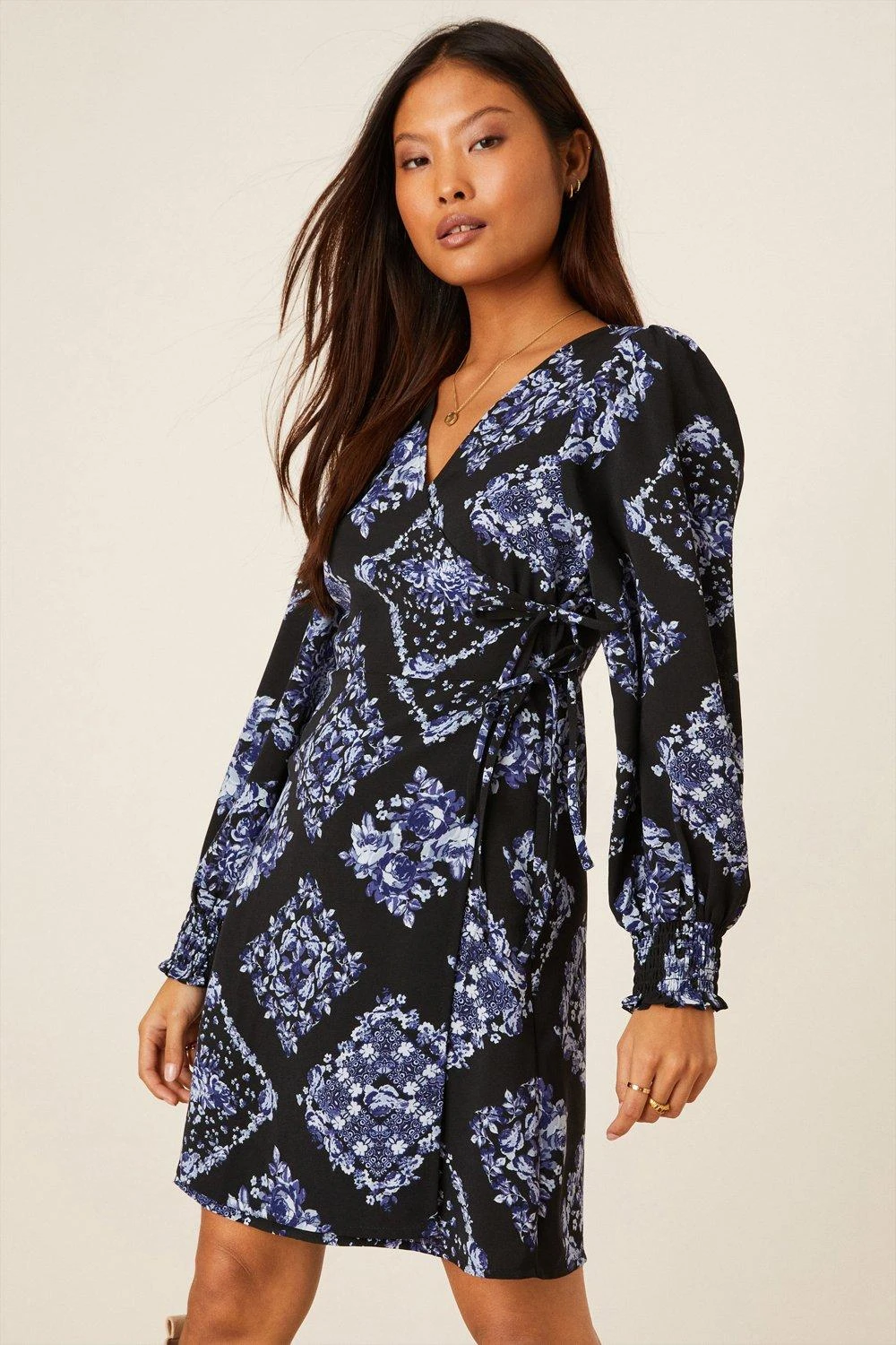 Dorothy Perkins Petite Blue Floral Diamond Print Wrap Mini Dress 1 Dorothy Perkins Petite Blue Floral Diamond Print Wrap Mini Dress