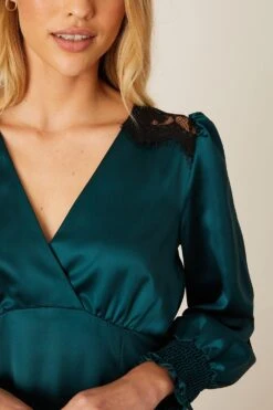 Dorothy Perkins Green Satin Lace Trim Wrap Midi Dress -Clozurely Sales Store bqq08162 green xl 3