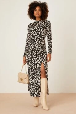 Dorothy Perkins Mono Animal Ruched Split Midi Dress