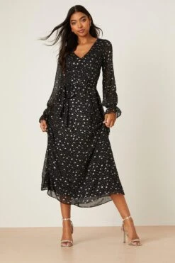 Dorothy Perkins Silver Star Chiffon Tie Waist Midi Dress