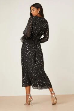 Dorothy Perkins Silver Star Chiffon Tie Waist Midi Dress -Clozurely Sales Store bqq08244 black xl 2