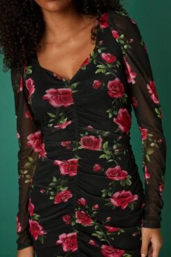 Dorothy Perkins Mesh Floral Ruched Square Neck Midi Dress -Clozurely Sales Store bqq08426 black xl 3