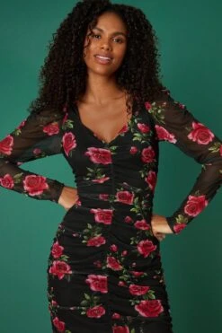 Dorothy Perkins Mesh Floral Ruched Square Neck Midi Dress -Clozurely Sales Store bqq08426 black xl 4