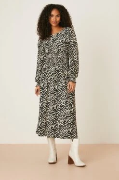 Dorothy Perkins Mono Zebra Print Long Sleeve Shirred Midi Dress
