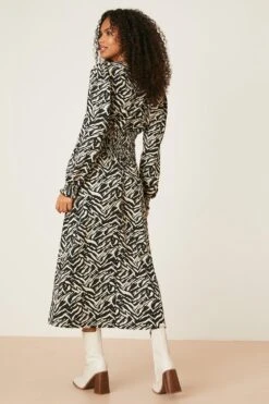 Dorothy Perkins Mono Zebra Print Long Sleeve Shirred Midi Dress -Clozurely Sales Store bqq08443 mono xl 2