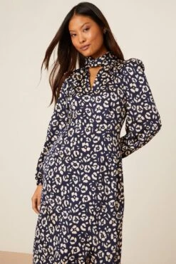 Dorothy Perkins Petite Navy Animal Twist Neck Keyhole Midi Dress