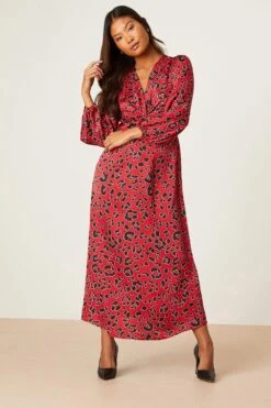 Dorothy Perkins Petite Red Animal Long Sleeve Twist Front Midi Dress