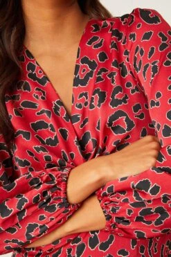 Dorothy Perkins Petite Red Animal Long Sleeve Twist Front Midi Dress -Clozurely Sales Store bqq08459 red xl 4
