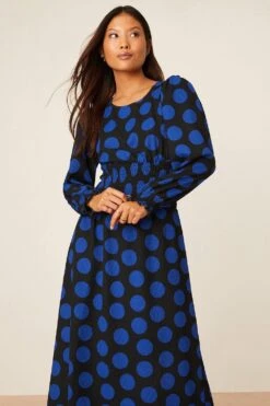 Dorothy Perkins Petite Blue Spot Shirred Waist Textured Midi Dress