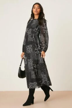 Dorothy Perkins Chiffon Mix And Match Floral Waist Detail Midi Dress