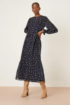 Dorothy Perkins Tall Chiffon Navy Spot Tiered Midi Dress