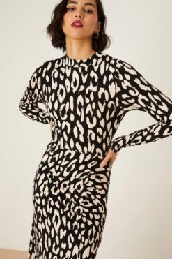 Dorothy Perkins Tall Mono Animal Ruched Split Midi Dress -Clozurely Sales Store bqq08558 black xl 4