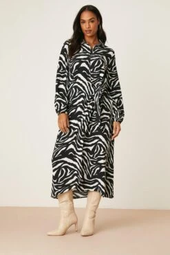 Dorothy Perkins Mono Zebra Print Tie Midi Shirt Dress