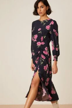 Dorothy Perkins Pink Floral Ruched Midi Dress -Clozurely Sales Store bqq08579 black xl 4