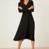 Dorothy Perkins Petite Black Long Sleeve Wrap Midi Dress