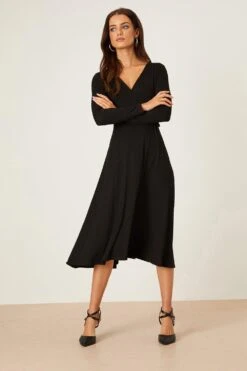 Dorothy Perkins Petite Black Long Sleeve Wrap Midi Dress