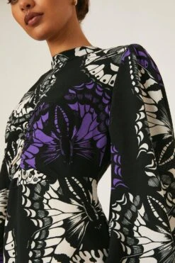 Dorothy Perkins Petite Butterfly Ruched High Neck Midi Dress 8 Dorothy Perkins Petite Butterfly Ruched High Neck Midi Dress -Clozurely Sales Store bqq08725 black xl 3