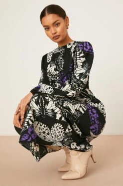 Dorothy Perkins Petite Butterfly Ruched High Neck Midi Dress 9 Dorothy Perkins Petite Butterfly Ruched High Neck Midi Dress -Clozurely Sales Store bqq08725 black xl 4