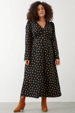 Dorothy Perkins Curve Camel Spot Long Sleeve Midi Dress