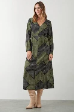 Dorothy Perkins Tie Waist Khaki Geo Long Sleeve Midi Dress