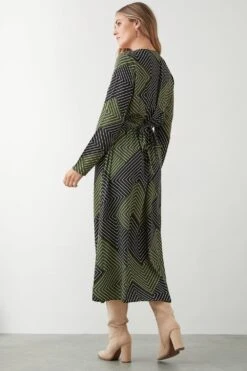 Dorothy Perkins Tie Waist Khaki Geo Long Sleeve Midi Dress -Clozurely Sales Store bqq08796 khaki xl 2