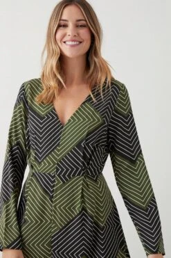 Dorothy Perkins Tie Waist Khaki Geo Long Sleeve Midi Dress -Clozurely Sales Store bqq08796 khaki xl 3