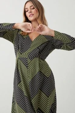 Dorothy Perkins Tie Waist Khaki Geo Long Sleeve Midi Dress -Clozurely Sales Store bqq08796 khaki xl 4