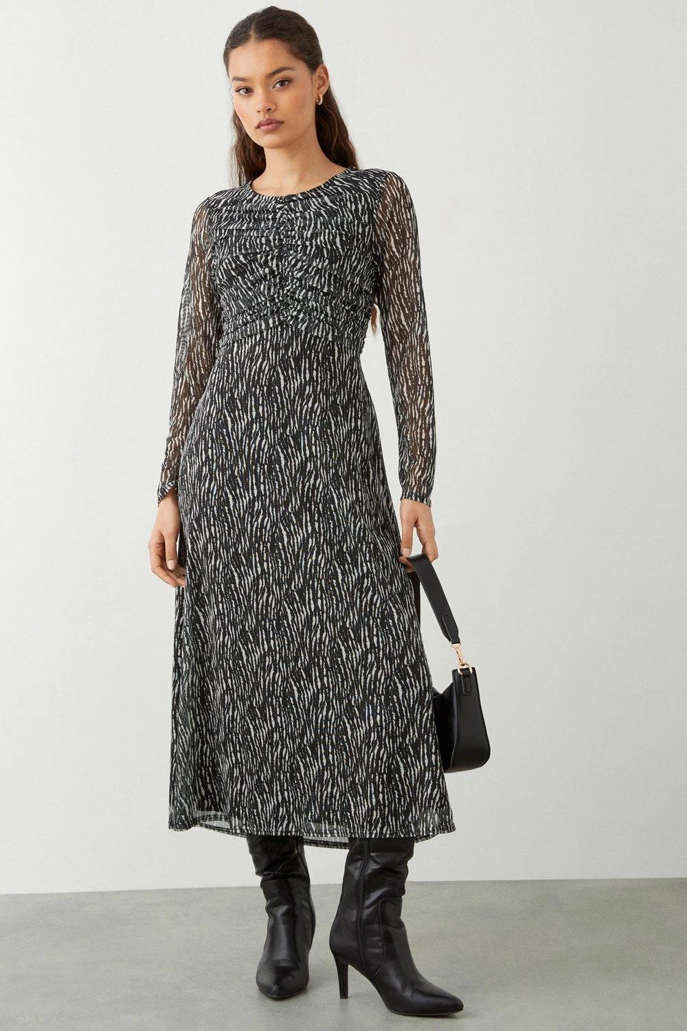 Dorothy Perkins Petite Mono Mesh Ruched Midi Dress 1 Dorothy Perkins Petite Mono Mesh Ruched Midi Dress