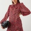 Dorothy Perkins Petite Floral Chiffon Tie Neck Long Sleeve Mini Dress