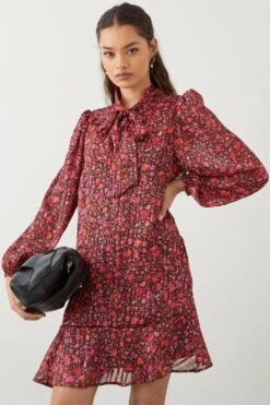 Dorothy Perkins Petite Floral Chiffon Tie Neck Long Sleeve Mini Dress