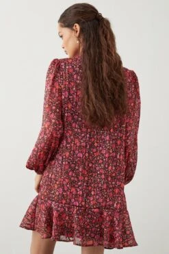 Dorothy Perkins Petite Floral Chiffon Tie Neck Long Sleeve Mini Dress -Clozurely Sales Store bqq08808 red xl 2