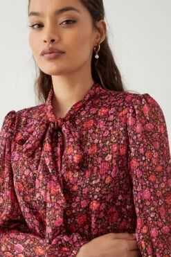 Dorothy Perkins Petite Floral Chiffon Tie Neck Long Sleeve Mini Dress -Clozurely Sales Store bqq08808 red xl 3