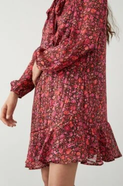 Dorothy Perkins Petite Floral Chiffon Tie Neck Long Sleeve Mini Dress -Clozurely Sales Store bqq08808 red xl 4