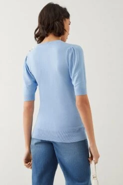 Dorothy Perkins Tall Button Shoulder Half Sleeve Knitted Top -Clozurely Sales Store bqq08871 blue xl 2