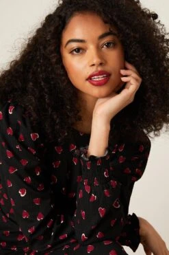 Dorothy Perkins Heart Print Shirred Cuff Midi Dress -Clozurely Sales Store bqq08912 black xl 3