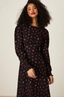 Dorothy Perkins Heart Print Shirred Cuff Midi Dress -Clozurely Sales Store bqq08912 black xl 4