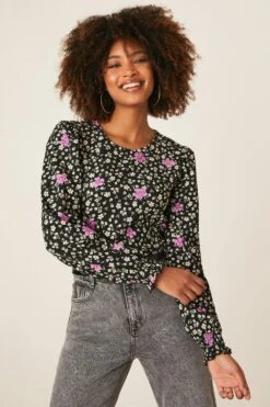 Dorothy Perkins Ditsy Shirred Cuff Long Sleeve Top